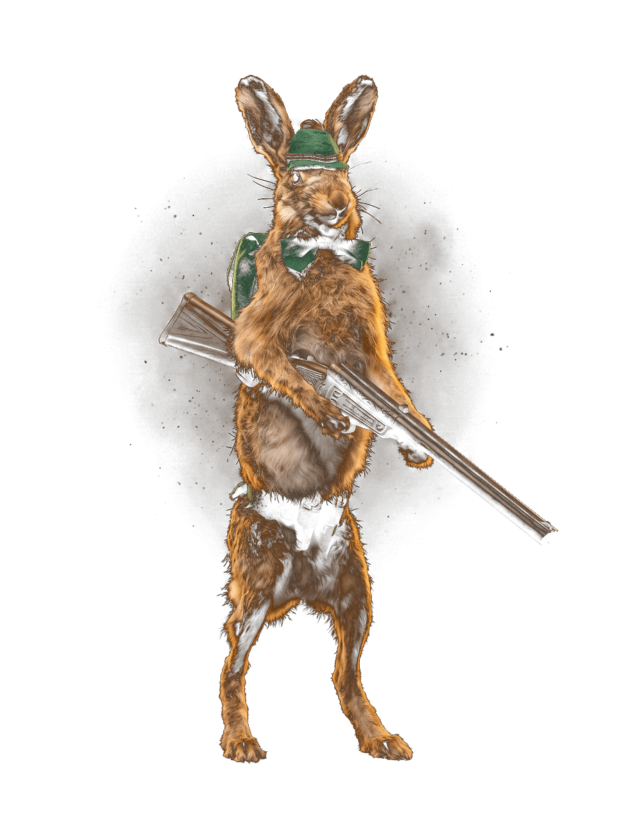 Der Jackpot-Jäger, ein präparierter Hase im Jagdgewand
