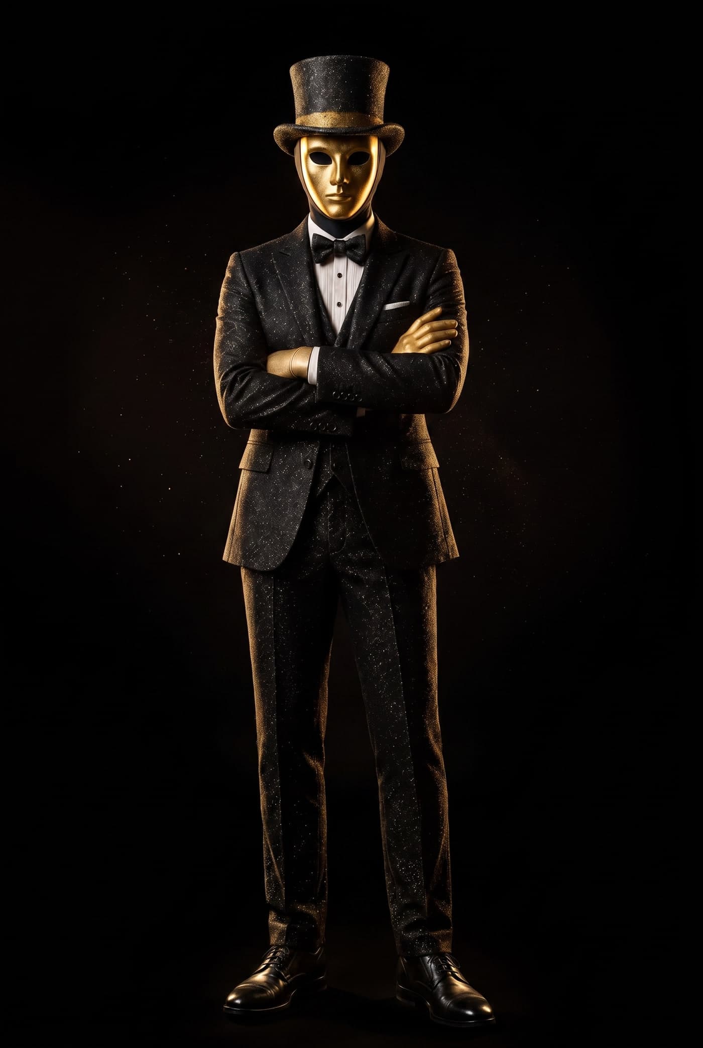 Mr. Cash in voller Größe mit goldener Maske und Zylinder