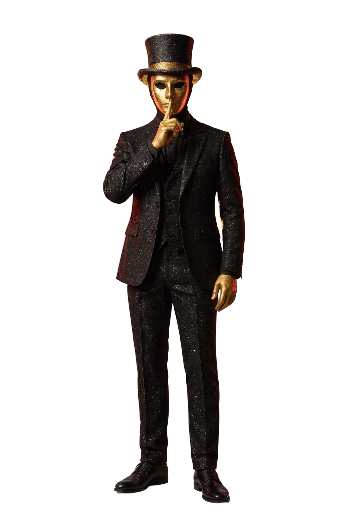 Mr. Cash mit goldener Maske und Zylinder, den Finger vor dem Mund